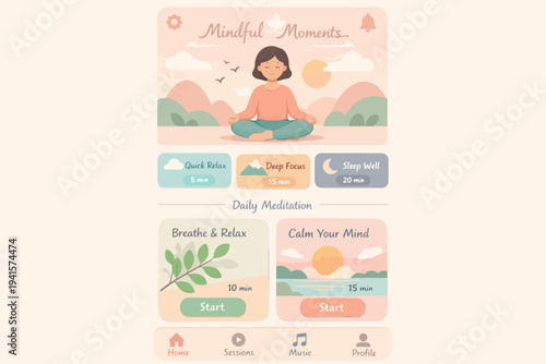 Mindful meditation app interface with relaxing visuals and soothing colors