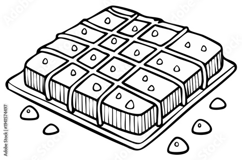 Square Dessert Pastry with Icing on a Dish Sketch Outlined Illustration