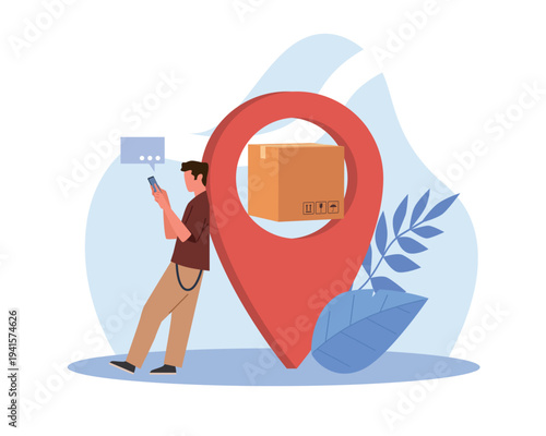 Postal tracking service. Online store order, gps parcel path, checking location, order status, parcel shipping and logistics, package on map pin, customer support vector cartoon flat concept