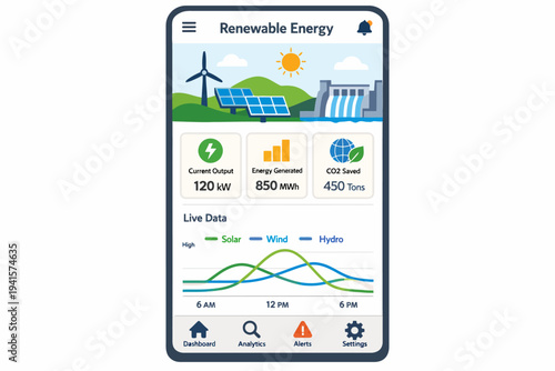 Renewable energy app dashboard showing solar wind hydro data analytics