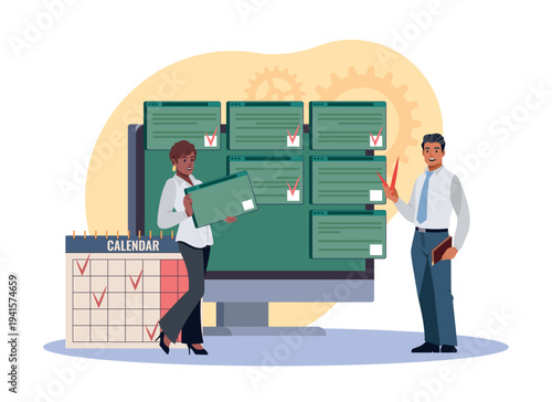 Planning and scheduling. Setting goals on dashboard, completing tasks on time, deadlines, work process, calendar with checklists, agenda status tracking, vector cartoon isolated concept
