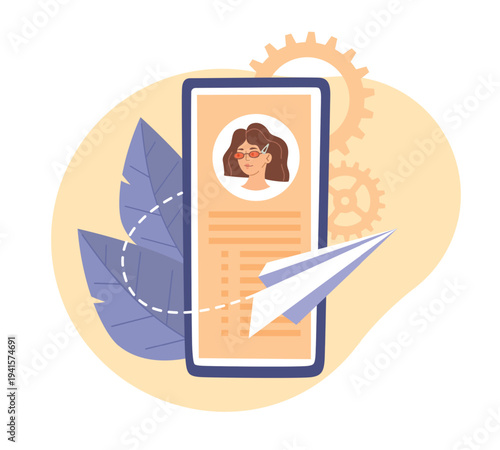 Personal profile. Sending applicant resume, job search candidate for position, digital identity and online communication, smartphone interface with user card vector cartoon isolated concept