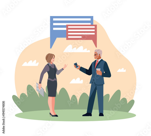 Oral communication. Conversation of colleagues, discussion of work tasks, report to boss, business people with chat bubbles, discussion and messaging scene. Vector cartoon isolated concept
