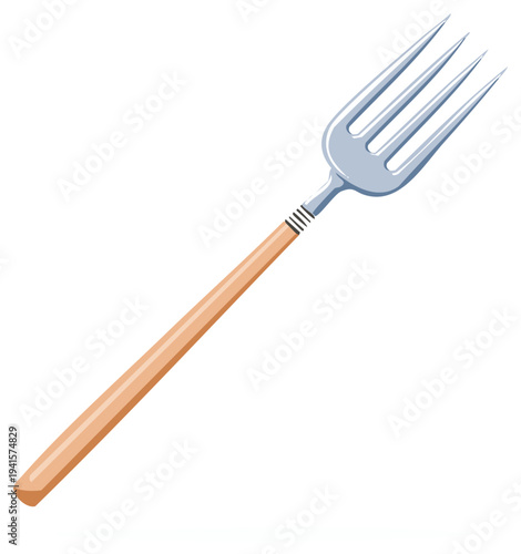 Gardening pitchfork tool with a shiny metal head and a wooden handle for farming and agriculture