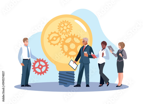 Newcomer to company. Employee proves his professional aptitude before commission, ideas implementation, collaborative innovation, project planning corporate workflow vector cartoon concept