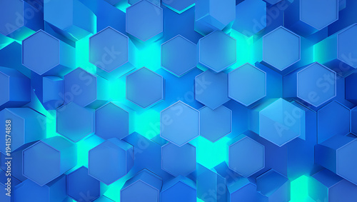 Blue hexagonal pattern with glowing teal lights on a blue background