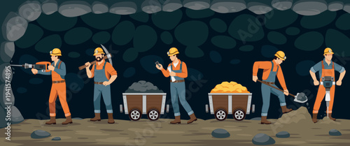 Miner workers characters. People in overalls and hard hats with lanterns explore walls of cave drilling, mining industry extraction and labor process, tidy vector cartoon isolated concept