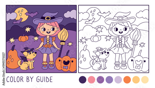 Girl coloring page kids game. Cute little witch with pumpkins and dog, educational entertainment, children drawing, worksheet with palette and outline version garish vector cartoon concept