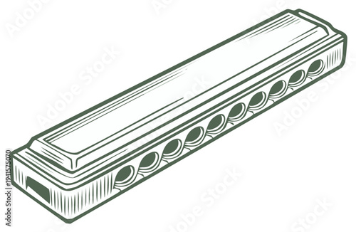 Green toned sketch of diatonic harmonica or mouth organ with a detailed design for musical performances