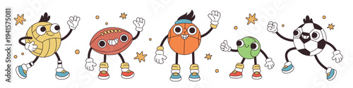 Funny ball mascots. Various sports games, retro cartoon style, groovy characters, soccer, volleyball, rugby and tennis person in active movement, tournament symbol garish vector isolated set