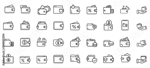 Wallet and money payment outline icon set featuring cash purse and financial transaction for digital banking and profit savings and more vector illustration or editable stroke