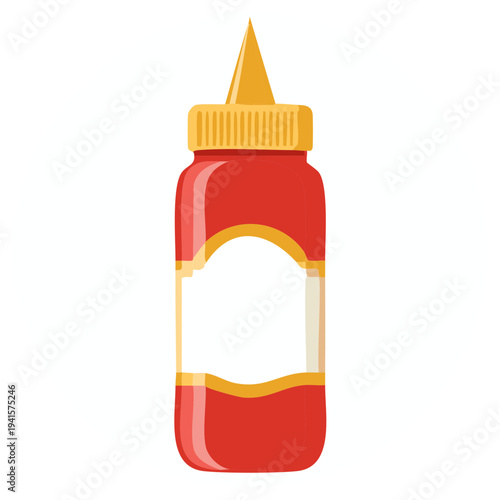 Cartoon illustration of a red condiment bottle with a yellow cap for various recipes.