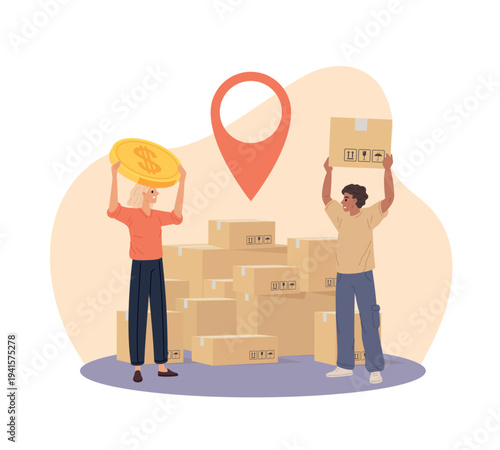 Courier service. Targeted delivery, convenient payment method, transfer of goods, logistics with stacked cardboard boxes and map pin icon, people holding package vector cartoon concept