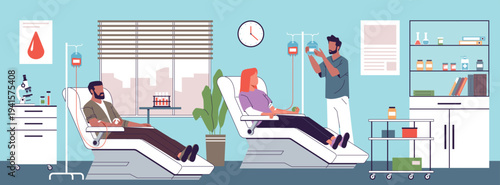 Blood transfusion station. Donor room, hospital office, medical staff, volunteers helping, blood bank, healthcare procedure in laboratory clinic, nowaday vector cartoon isolated concept