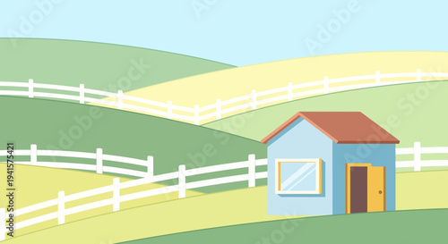 Small blue house with red roof.