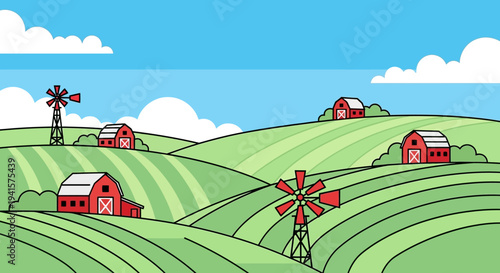 Windmills and barns on farmland hills.