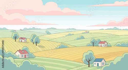 Countryside Houses and Fields Illustration.