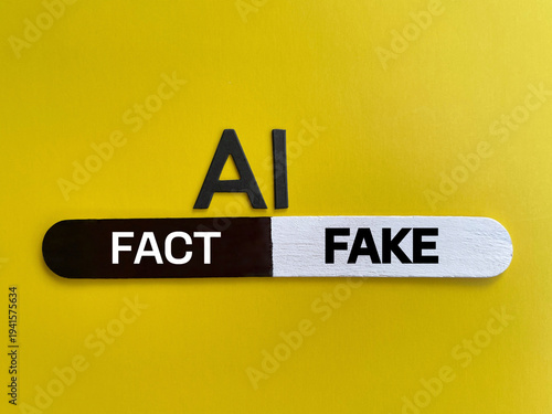 Artificial intelligence concept showing AI fact versus fake information on yellow background.