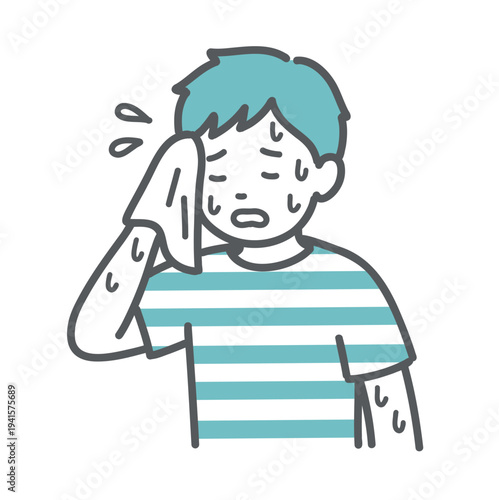 大量に汗をかいて辛そうな男の子（子供）のイラスト