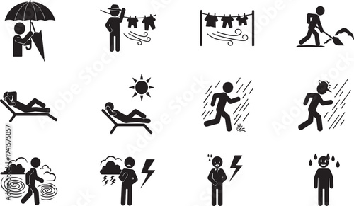 Set of black vector silhouettes of people including a business person, family with a child, and sport fitness figures in a running or dance illustration design icon