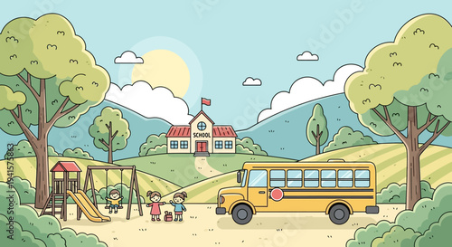 Yellow School Bus at Playground Scene.