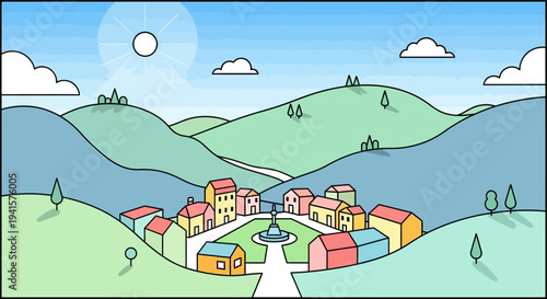 Colorful Village Houses in Cartoon Style.