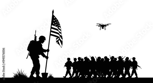 Soldier Planting American Flag with Drone Overhead, Military Marching