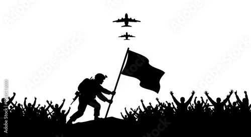 Soldier Planting Flag Amidst Cheering Crowd and Airplanes