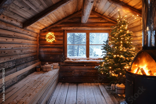 Rustic log cabin interior with lit Christmas tree, fireplace, and snowy forest view through window