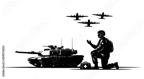 Soldier Praying Next to Tank with Airplanes Overhead, Military Support Concept
