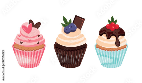Colorful, hand-drawn birthday and wedding cupcakes with chocolate, strawberry, and cream toppings for greeting cards or invitations. Fun doodle dessert illustrations. Original vector images