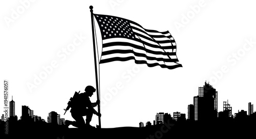 Soldier Raising American Flag in Ruined City Silhouette