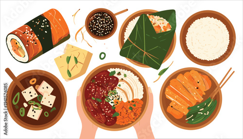 vector Various Japanese dishes served in wooden bowls with sushi and ingredients