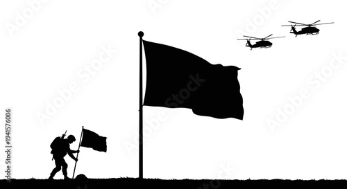 Soldier raising flag with helicopters flying overhead, symbolizing victory and military operation