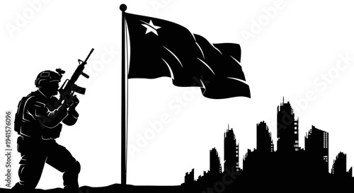 Soldier Raising Flag Over Ruined City Skyline Silhouette, Victory Concept