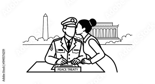Soldier Signing Peace Treaty Kissed by Woman with Washington DC Landmarks Background
