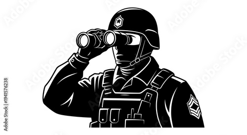 Soldier with Binoculars Looking Out, Military Surveillance, Reconnaissance, Security Guard