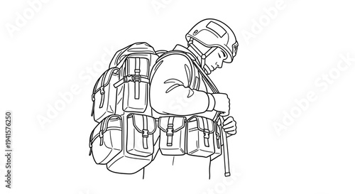 Soldier wearing tactical backpack and gear, preparing for mission, military equipment, survival, outdoor adventure