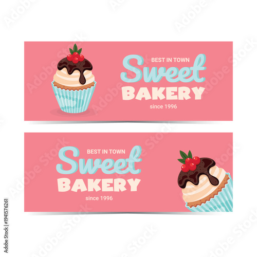 Sweet Bakery labels pink and turquoise. Cupcake packaging design template, bakery logo design, sticker design, fresh cupcake label design, editable vector template