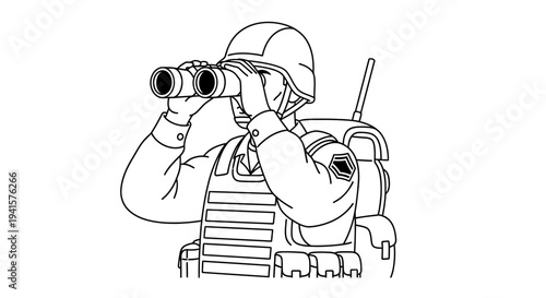 Soldier with binoculars looking through scope, tactical gear, military surveillance, observation post