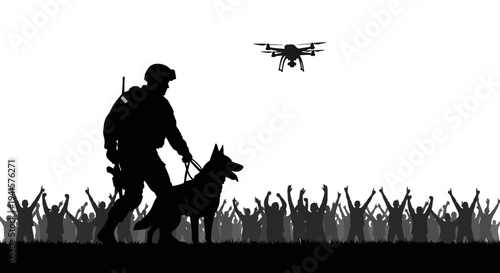 Soldier with dog and drone overlooking cheering crowd, security concept