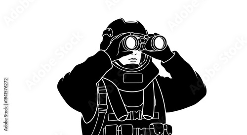 Soldier with binoculars looking into distance, tactical gear, surveillance concept