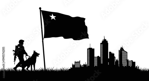 Soldier with Dog and Flag Silhouette Over City Skyline