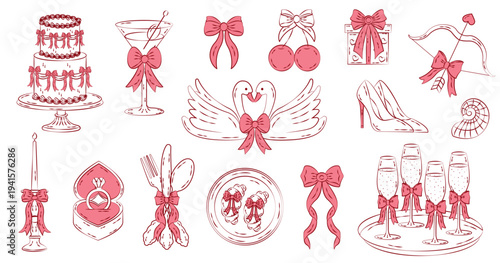 Coquette wedding set in hand drawn vintage doodle style. Whimsical and elegant wedding elements. Save the date.