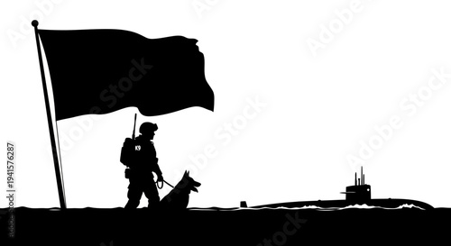 Soldier with dog and flag near submarine, military concept