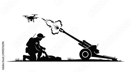 Soldier with drone and artillery cannon firing, military drone surveillance and warfare concept