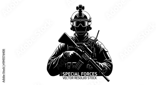 Special Forces Soldier Silhouette with Rifle, Tactical Gear, and Helmet