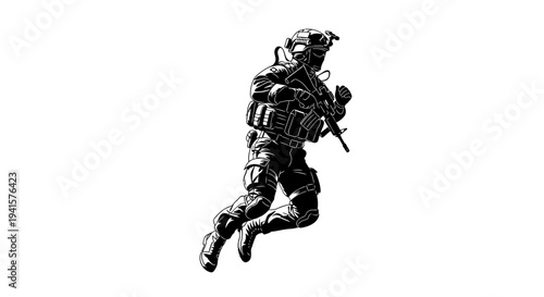 Special Forces Soldier Jumping with Rifle, Tactical Gear, Action Pose, Black and White