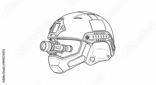 Tactical Helmet with Night Vision Goggles Attachment - Line Art Illustration