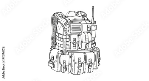 Tactical Backpack Military Gear Outline Vector Illustration